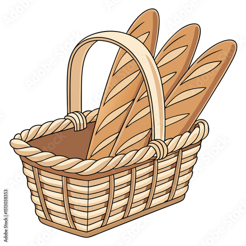 A high-resolution, studio-style photograph featuring a wicker picnic basket containing three baguettes. The basket is light brown with a woven texture and a single handle, while the baguettes are gold