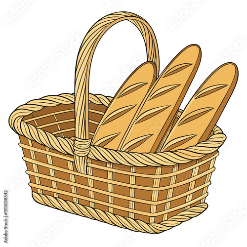A wicker basket containing several baguettes, illustrated in a simple, cartoon-like style against a white background.