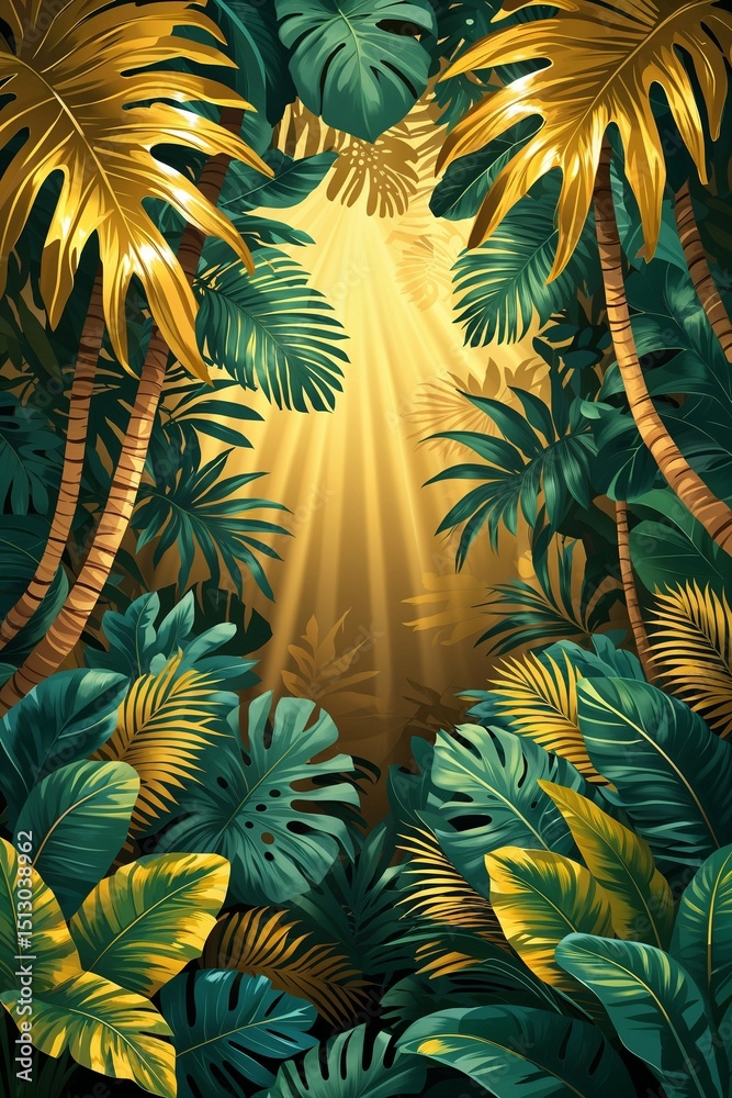 Fototapeta premium Radiant gold tropical jungle background for card or greeting template banner backdrop