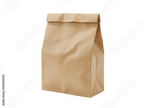 A clean, high-resolution image of a brown paper lunch bag with a neatly folded top, isolated on a transparent background (PNG), ideal for eco-friendly packaging designs, product mockups, food delivery