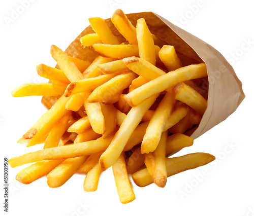 Crispy and Golden French Fries in a Paper Bag Isolated on Transparent