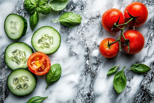 Fresh cucumbers, tomatoes, and basil leaves lie on a marble surface. Use this image for healthy eating and creative recipe ideas.