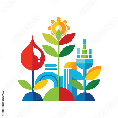 Abstract graphic depicting energy production and resource management with plants and water elements