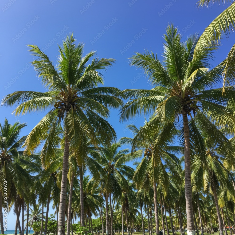 Fototapeta premium Lush Green Palm Trees Under a Vivid Blue Sky