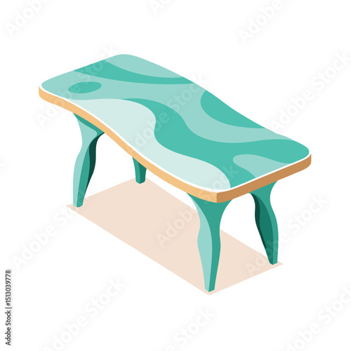 Isometric illustration of a modern teal table with wavy patterns and unique leg design