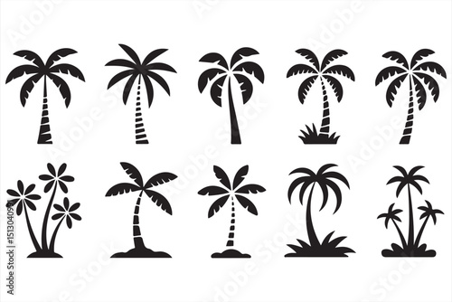 Black & White Palm Tree Icons - 12 Minimalist Designs for Beach and Nature Themes