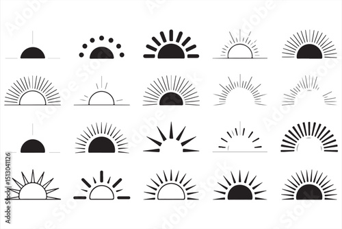 Collection of 20 minimalist black and white sun illustrations, varying shapes and designs of sun motifs, abstract solar icon concepts