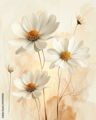 Elegant white flowers with golden centers, providing a soft background.