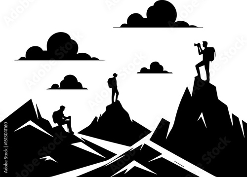 Three hikers climbing mountains in silhouette against clouds  
