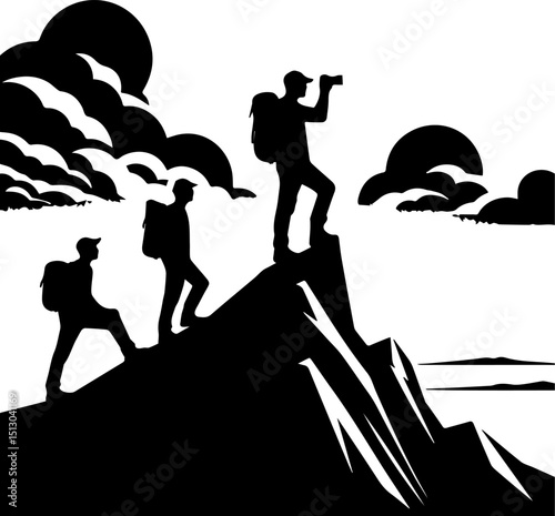 Three hikers climbing mountain peak with clouds in the background  