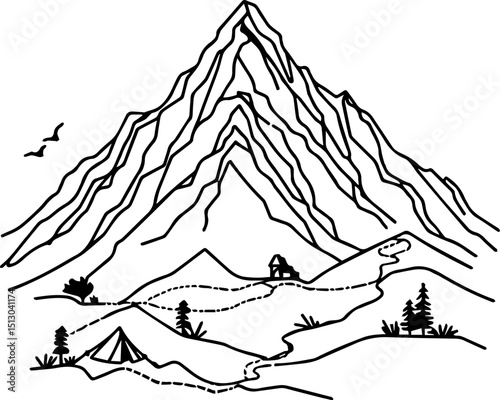 Mountain landscape with paths and camping site in black and white  