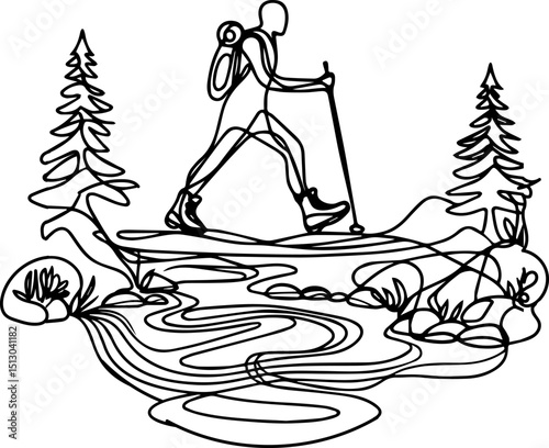 Line art of hiker walking near river and trees in wilderness  