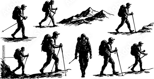 Hikers trekking with backpacks on mountain trails in black and white  