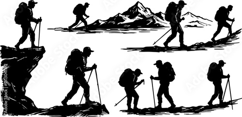 Hiking silhouettes of men with backpacks on mountain trails  