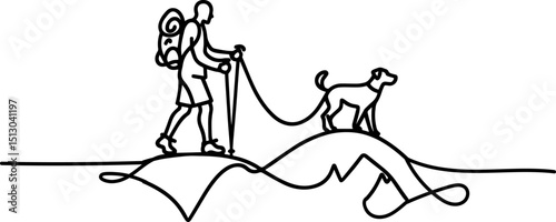 Man hiking with dog on mountain trail in line drawing style  
