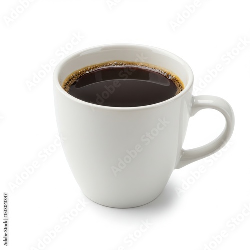 Coffee in white mug isolated on white background for breakfast, office, and cafe use.