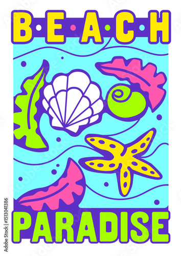 Vivid print with sea shells and starfish in neon tones. Ideal for fun vacation t-shirt design