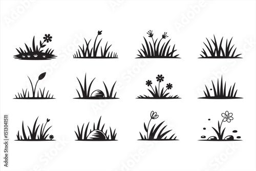 Simple Black and White Illustration of Grass with Wildflowers, Hand-drawn Style