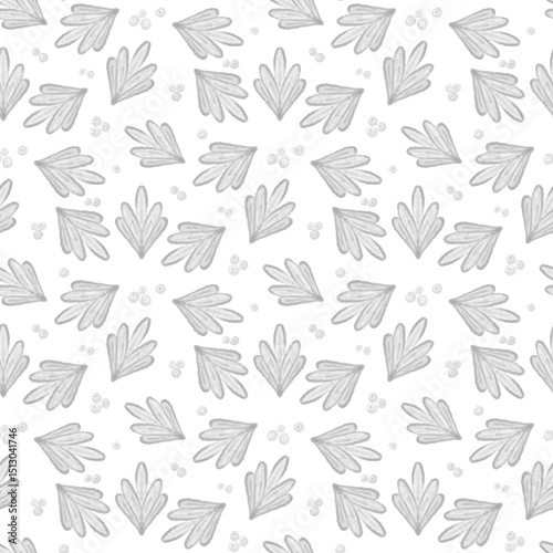 Minimalist Grey Botanical Pattern – Hand-Drawn Leaves and Berries Seamless Design