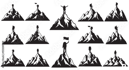 Climber silhouettes on mountain peaks, adventure, success