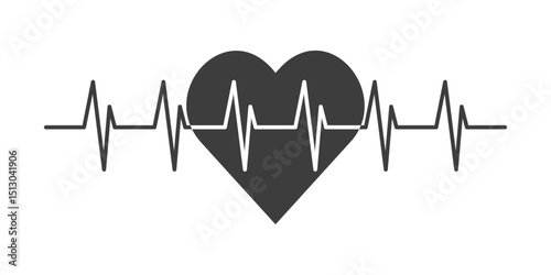 Heart with electrocardiogram heartbeat line on white background, symbol of health, love, care, medical monitoring, fitness, cardiology, isolated graphic for healthcare or wellness design.