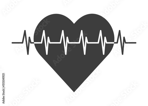 Heart with electrocardiogram heartbeat line on white background, symbol of health, love, care, medical monitoring, fitness, cardiology, isolated graphic for healthcare or wellness design.