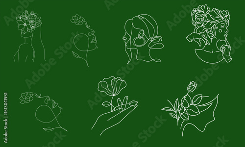 Woman Face with Leaf Icon Symbol Logo Inspiration. Female Face with Leaf Line Art Logo Design Concept Illustration. Woman Face Silhouette for Spa, Beauty, Skincare, Cosmetics Brand Identity.