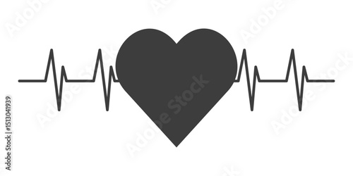 Heart with electrocardiogram heartbeat line on white background, symbol of health, love, care, medical monitoring, fitness, cardiology, isolated graphic for healthcare or wellness design.
