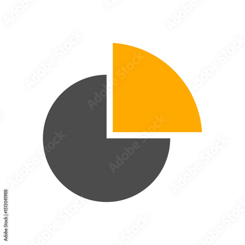 Pie chart with one highlighted yellow segment, isolated graphic symbolizing data, analysis, report, statistics, business, finance, or market research.