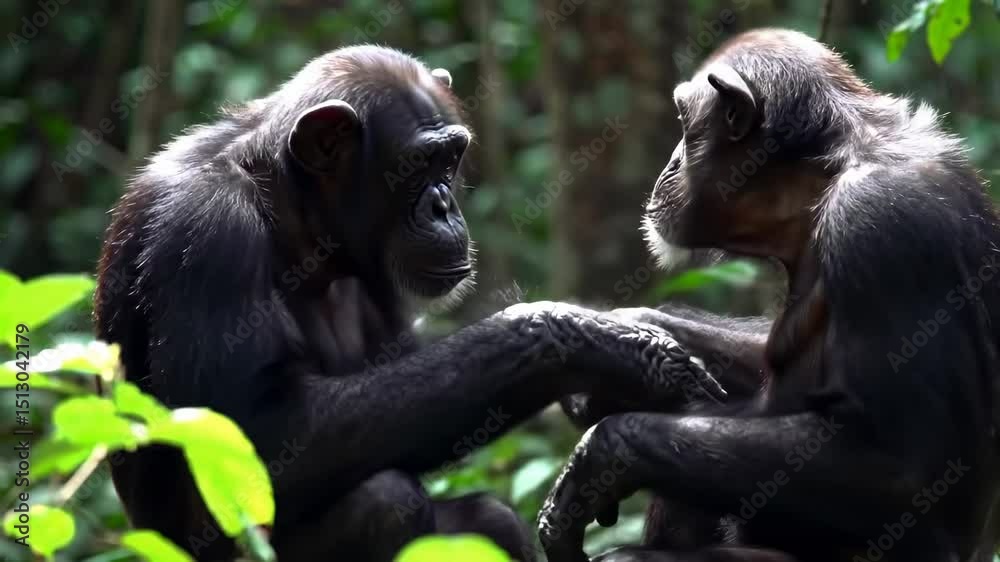 Chimpanzees grooming in rainforest Chimpanzees grooming in rainforest