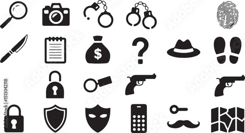 Set of 20 Detective Tools in Black & White - Simple Icons for Investigation and Crime Projects