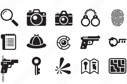 20 Minimalist Black & White Detective Icons - Ideal for Crime, Investigation, and Mystery Themes
