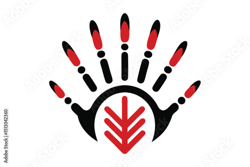 Indigenous Handprint Line Art Vector with Tribal Motifs on White Background.