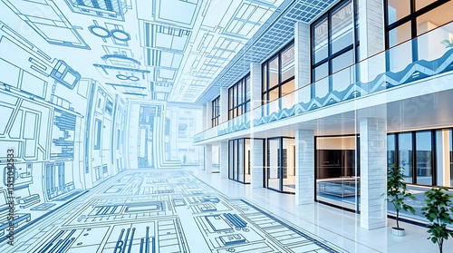 Modern Building Interior with Blueprint Overlay