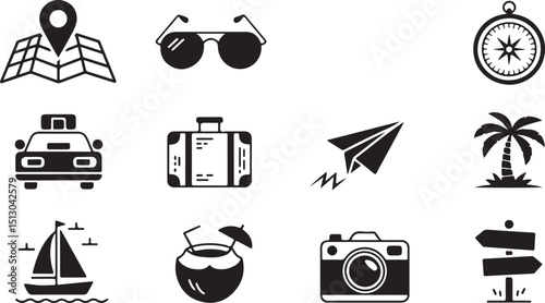 Elegant Black Icons for Travel - Including Airplane, Compass, Luggage, and More