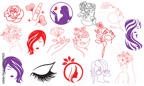 Set of portraits. Simple, minimalist vector illustration of beautiful woman face. Line drawing
