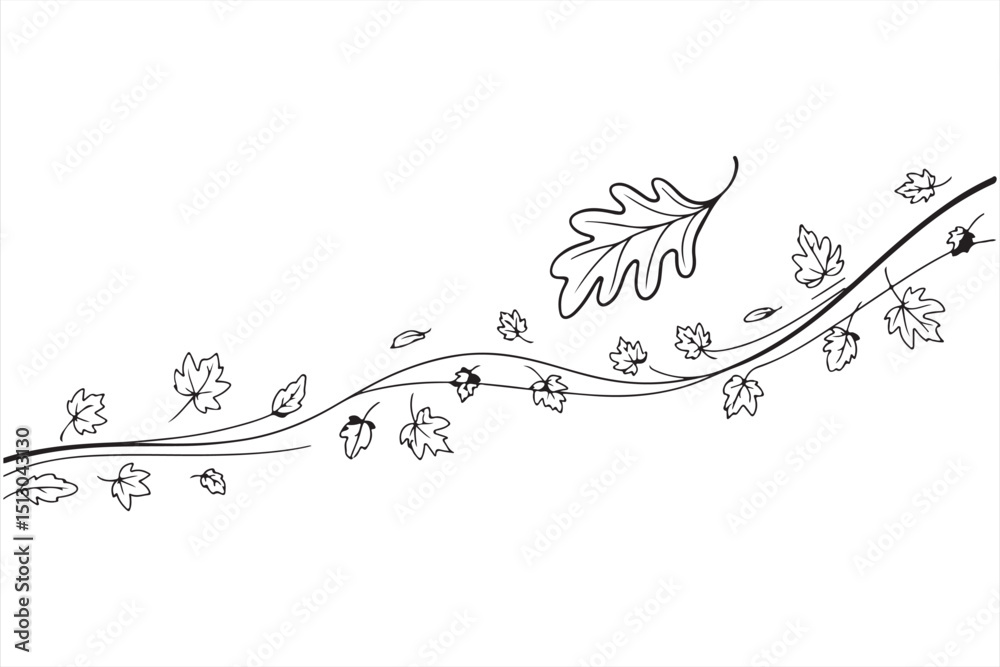 Obraz premium Flowing Leaves in Black & White Line Art - Elegant Nature Illustration for Fall