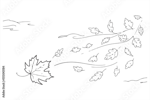 Minimalist Black & White Line Art of Windblown Leaves - Elegant Autumn Design