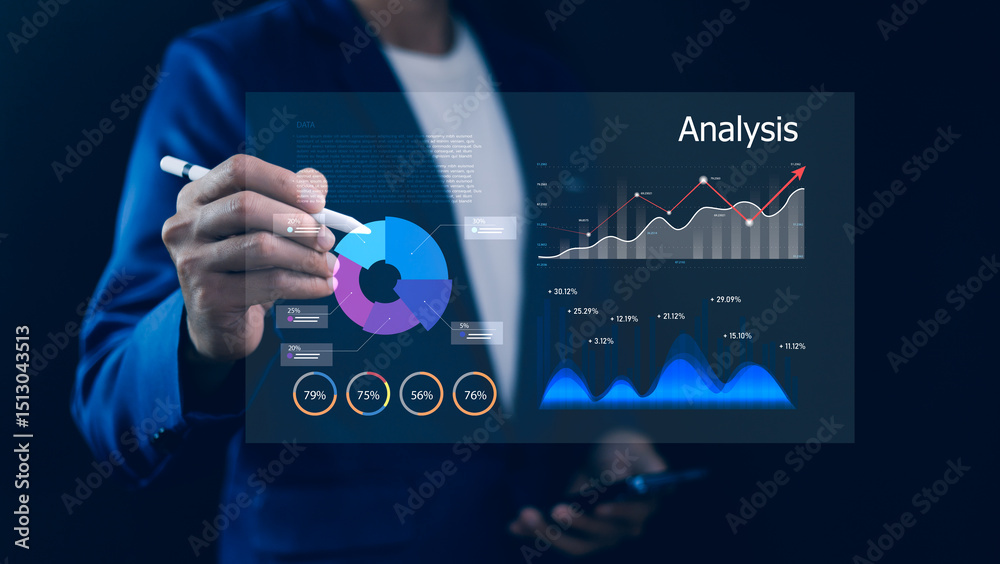 Businessman analyzing virtual dashboard with data charts and graph. Business analysis, financial growth, market research, data visualization. Strategic planning, Big Data, and performance management.