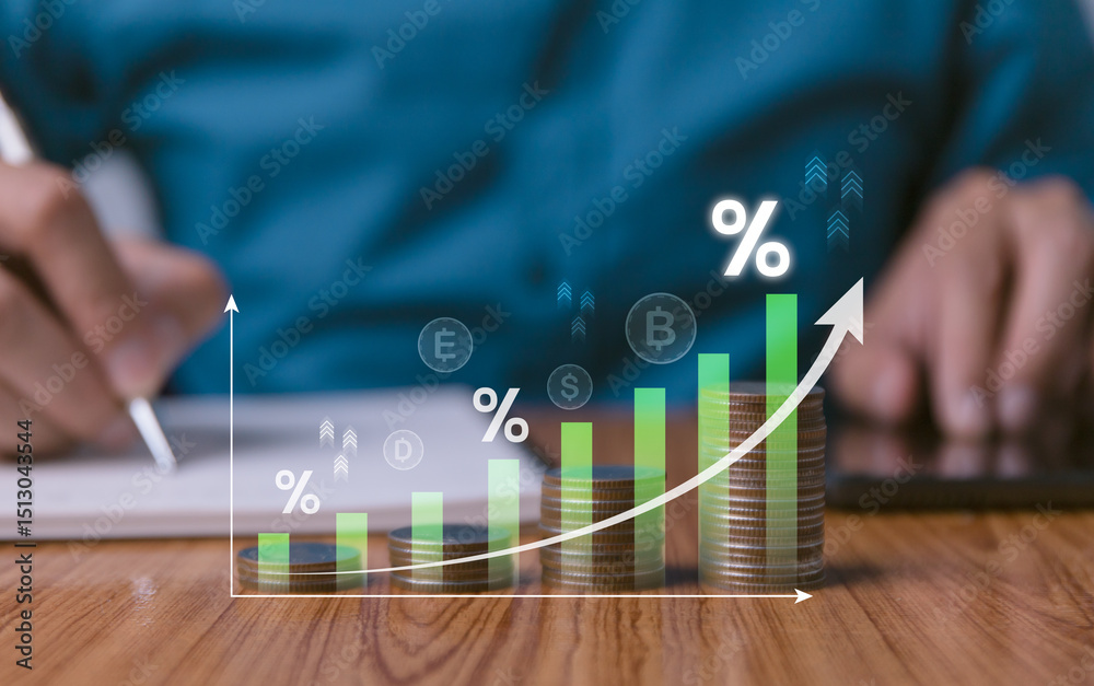 Financial growth chart with stacked coins and percentage symbols, person analyzing data. Investment increase, interest rates, economic progress, and business success. Finance and banking concepts.
