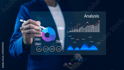 Obraz na płótnie Businessman analyzing virtual dashboard with data charts and graph. Business analysis, financial growth, market research, data visualization. Strategic planning, Big Data, and performance management. w salonie