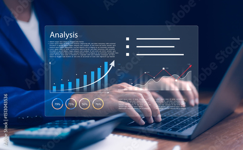 Obraz na płótnie Businessman working on a laptop with virtual dashboard displaying Analysis and data charts, graphs growth. Business analytics, financial planning, digital marketing, technology for decision making. w salonie