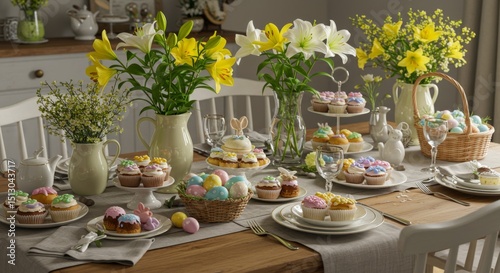 Wallpaper Mural Easter Table Setting with Pastel Cakes and Lilies Torontodigital.ca