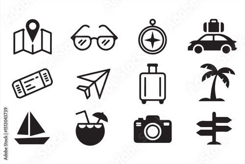 Minimalist Icons for Travel & Exploration - Airplane, Car, Compass, and More