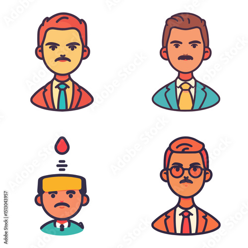 Four stylized male cartoon characters