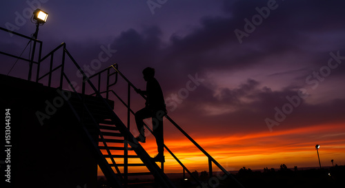 Person Climbing Stairs Silhouette at Sunset