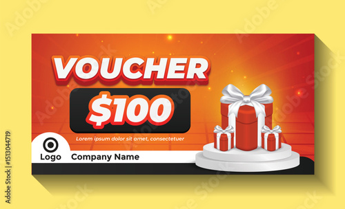 Gift Voucher Template with $100 Value and Red Gift Boxes