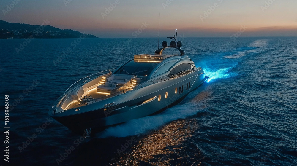 Naklejka premium Luxury yacht cruising on calm ocean at night with soft lights, leaving space on the side for captions. Perfect for travel, lifestyle, or maritime visuals.