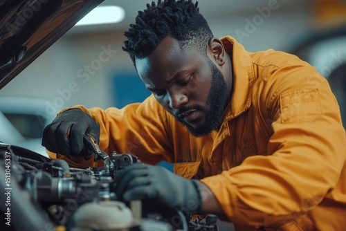 African American mechanic in yellow worksuit repairs a car engine. Great for automotive, mechanic, or small business advertising use.