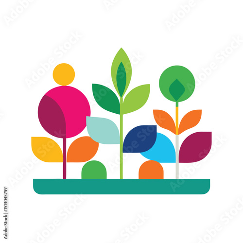 Colorful geometric flowers growing in a row on a solid white background